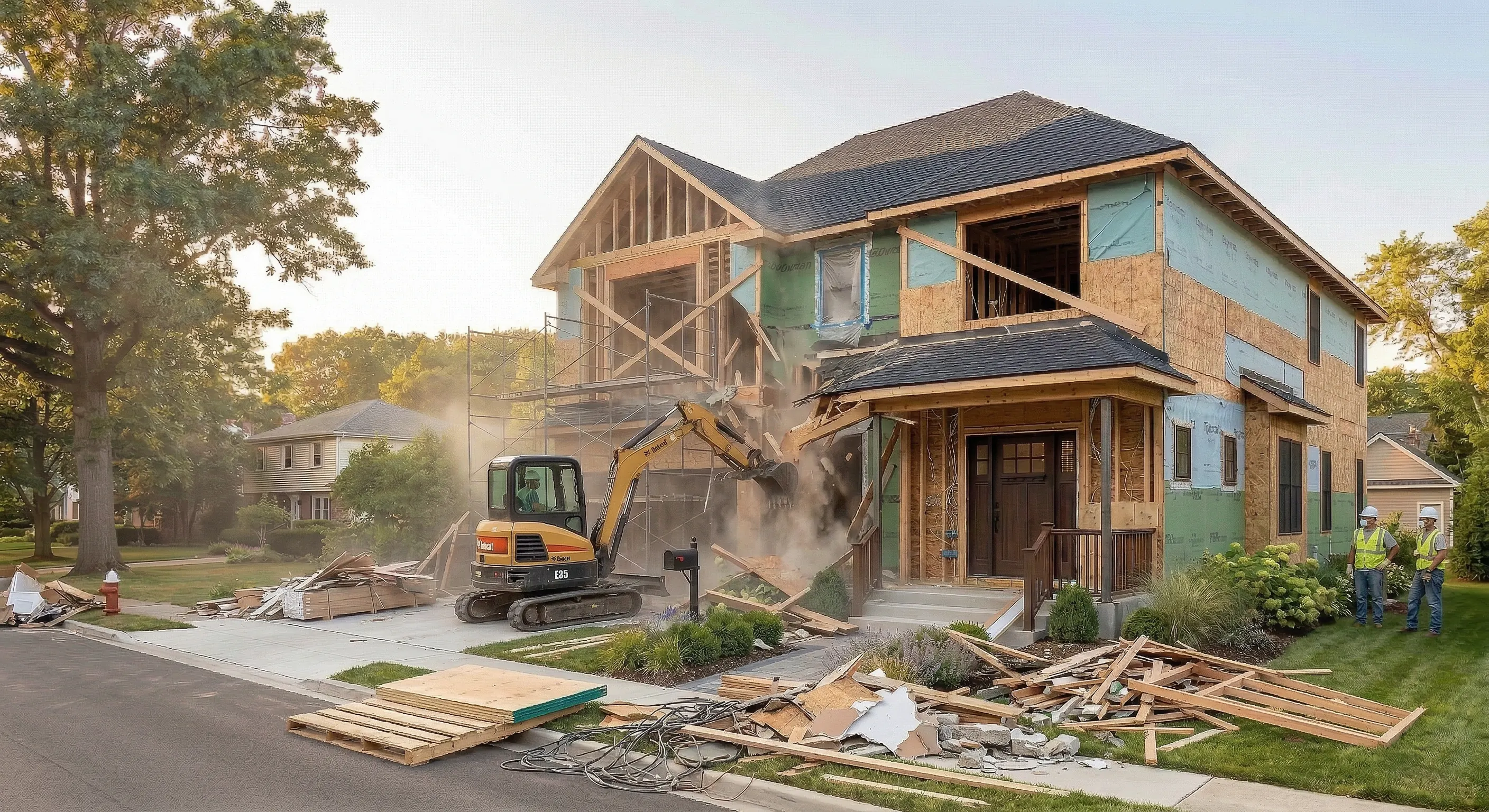 Mini excavator starting residential demolition work