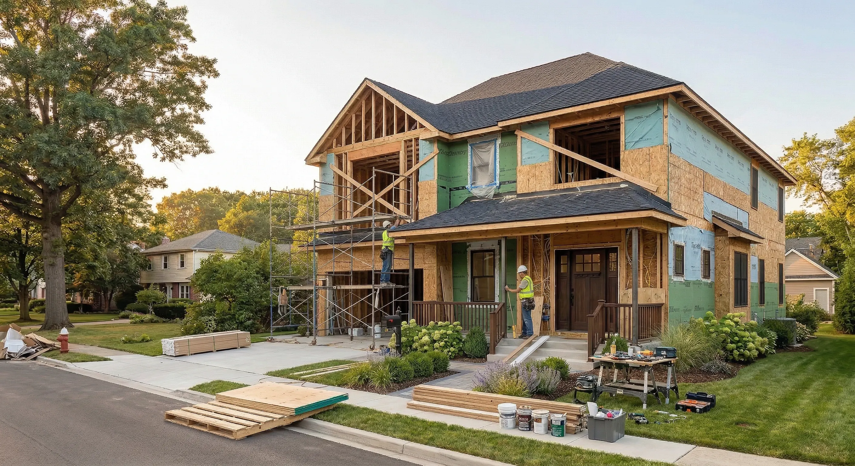 Mid-stage residential renovation with visible structure